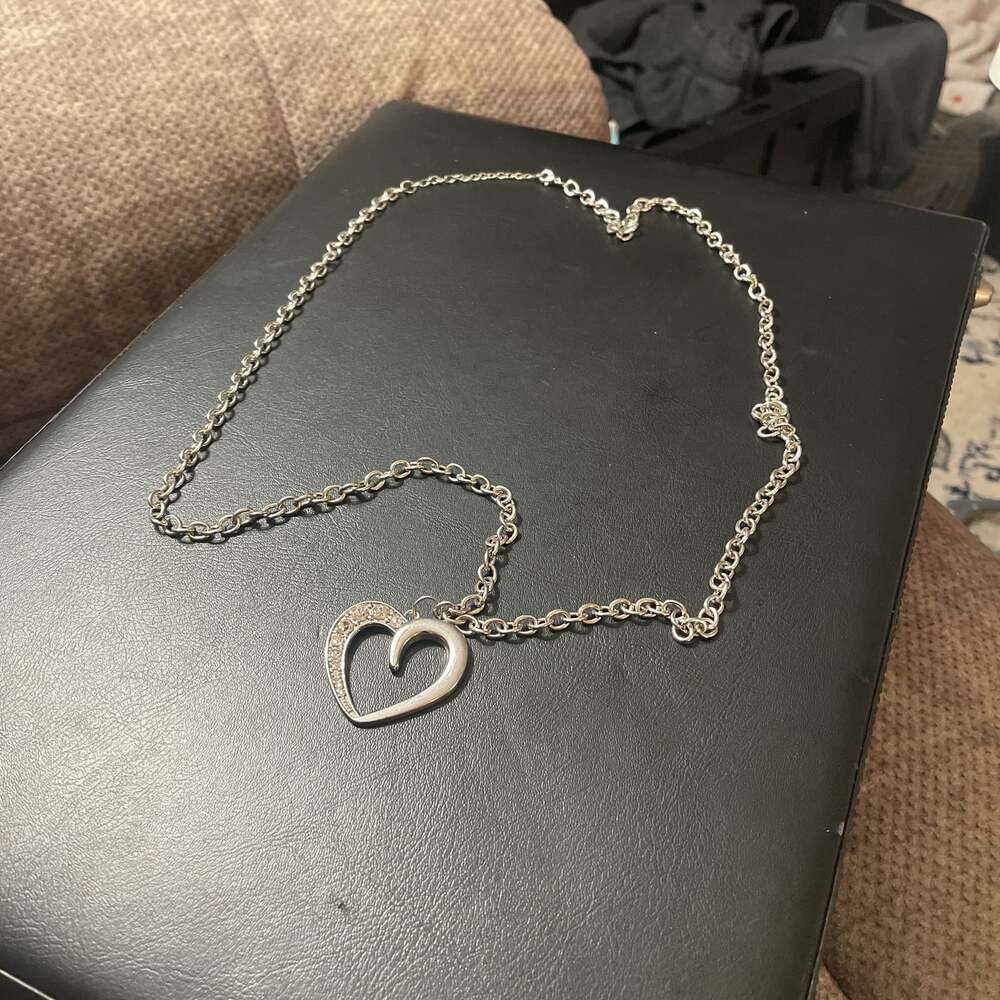 Silver Tone Heart Charm Necklace with Rhinestone Accents